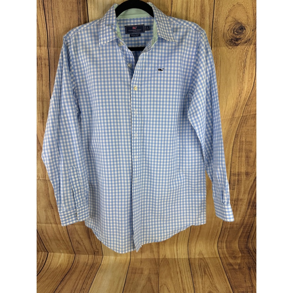 Vineyard Vines Boys Whale Shirt Blue White Gingham Button Down L 16-18 RN 134578